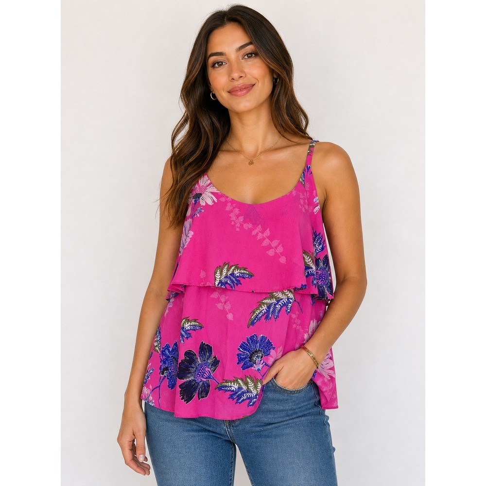 Rachel Roy‎ Floral Top Pink Ruffle Tiered Boho Tropical Summer Vacation Medium